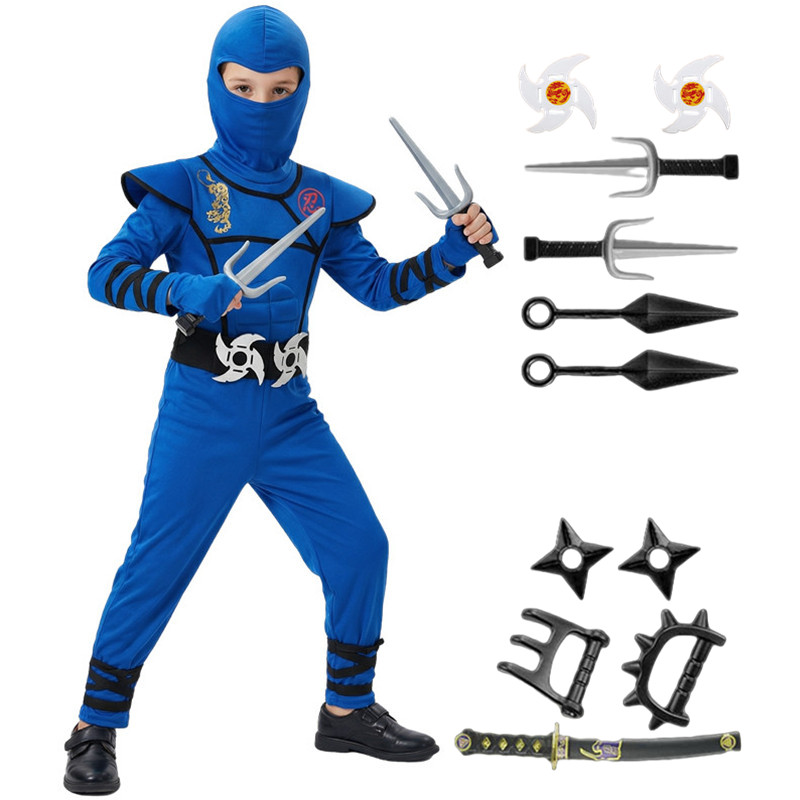 Kids Outdoor Ninja Warrior Course - ชุดนินจาสีดำและสีน้ำเงินสำหรับเด็ก ชุดคอสเพลย์ปาร์ตี้ฮาโลวีน พร้อมหน้ากากของเล่น ของขวัญสำหรับเด็กชายและเด็กหญิง ชุดแฟนซีสำหรับงานปาร์ตี้วันหยุด