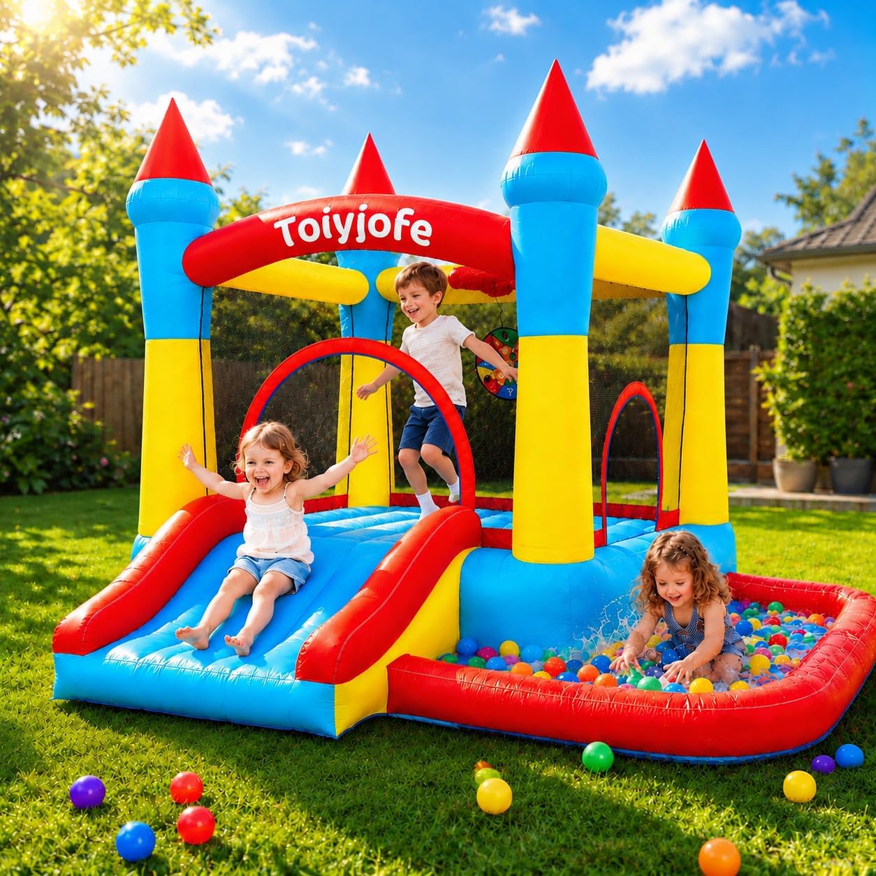 Kids Outdoor House With Slide - บ้านลมสำหรับเด็กอายุ 3-6 ปี, ปราสาทลมเป่าลมสำหรับเด็กเล็ก ใช้ได้ทั้งในร่มและกลางแจ้ง |
