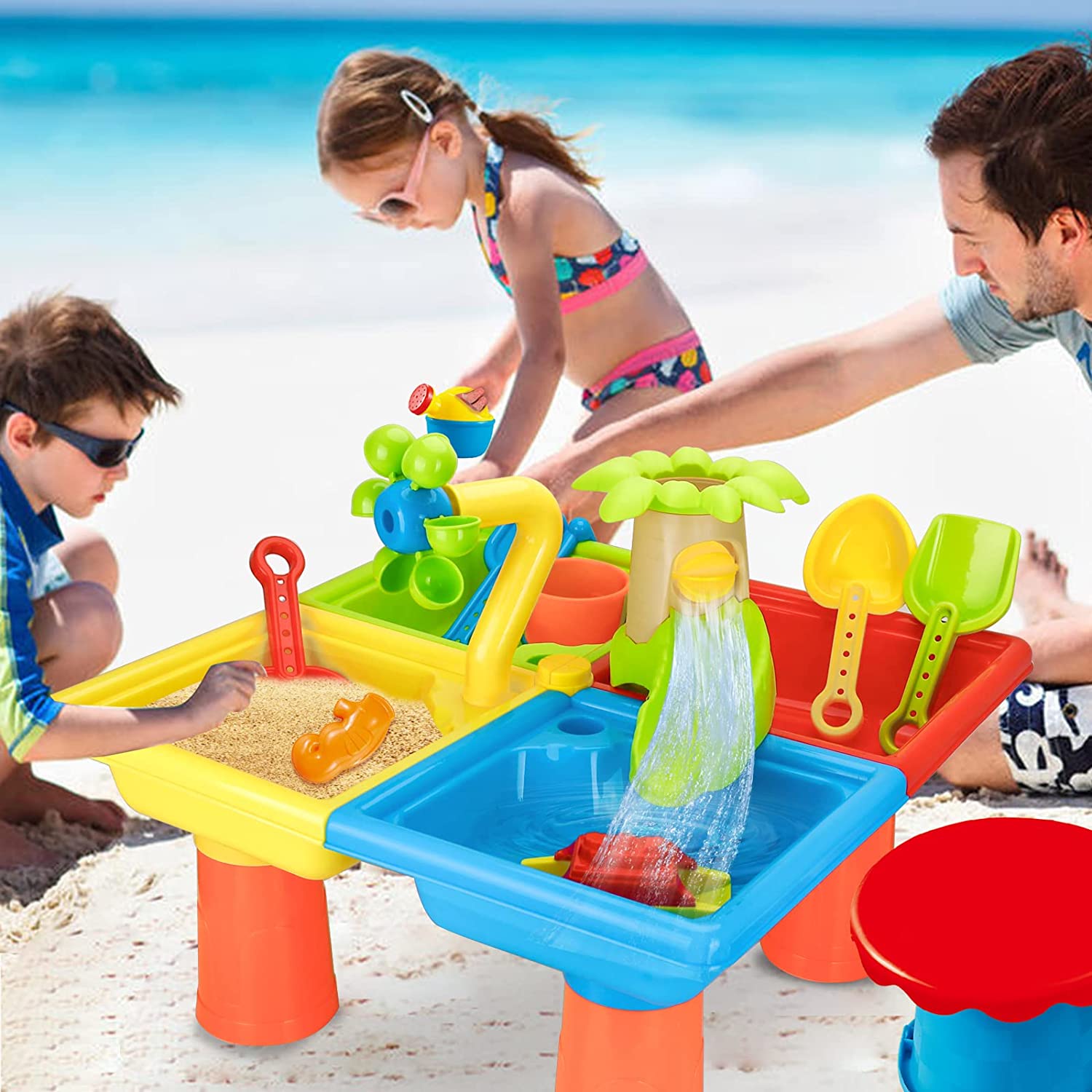 Kids Outdoor Water Play Table - ของเล่นสำหรับเด็กเล่นทรายบนโต๊ะชายหาดชุดของเล่นสำหรับเล่นเกมกลางแจ้งเครื่องมือขุดทรายสำหรับเด็กเล่นบนโต๊ะชายหาดชุดของเล่นสำหรับเป็นของขวัญสำหรับเด็ก