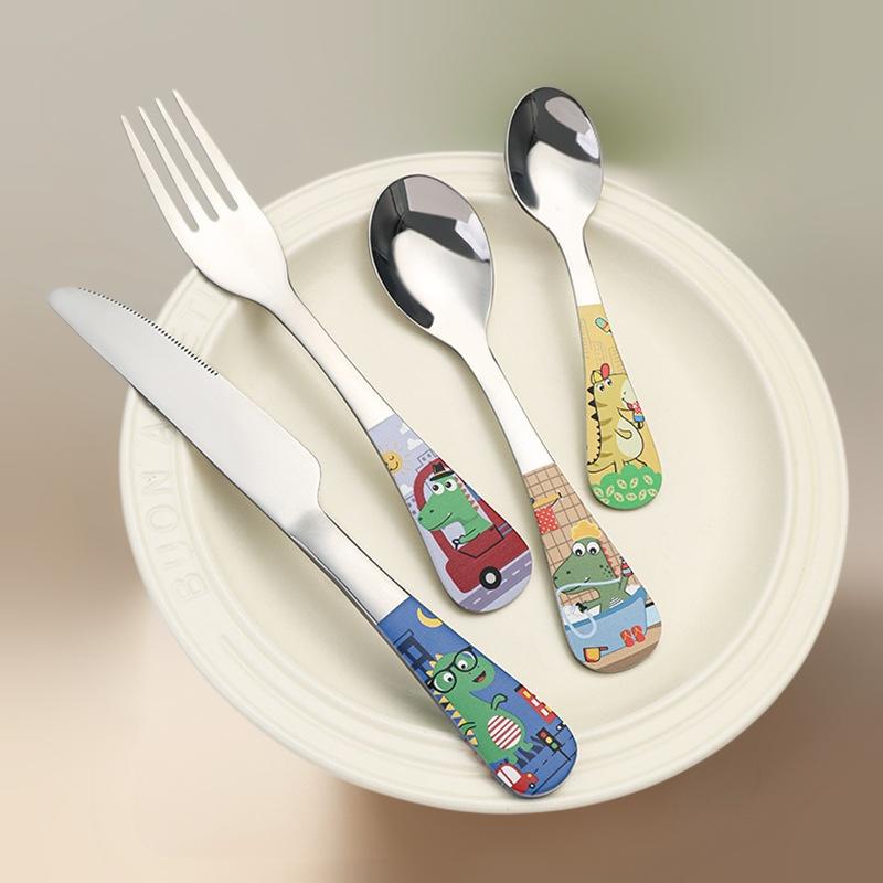 Kids Outdoor Dining Set - ชุดช้อนส้อมสแตนเลสลายการ์ตูนสัตว์น่ารักสำหรับเด็ก 1/4 ชิ้น ชุดช้อนส้อมเด็กสำหรับกิจกรรมกลางแจ้ง