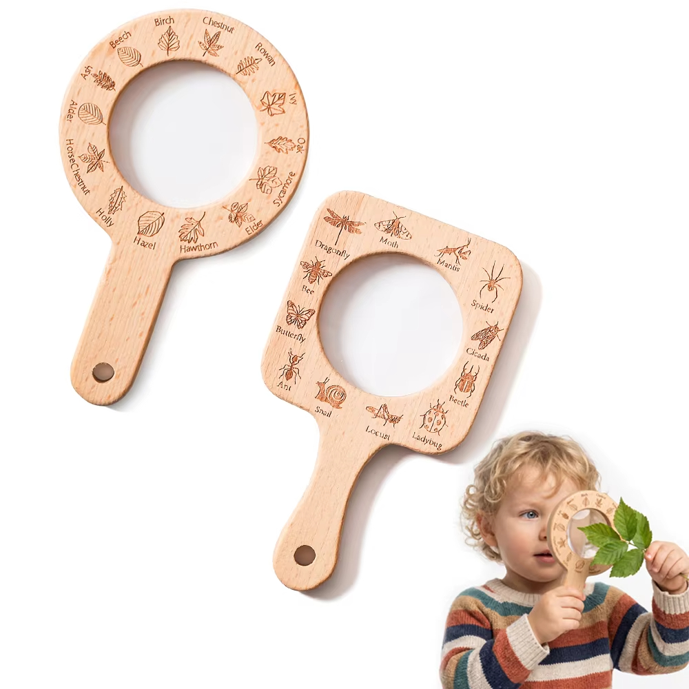 Kids Outdoor Gifts - แว่นขยายไม้สำหรับเด็ก สำรวจธรรมชาติ แมลง และใบไม้ พื้นผิวเรียบ สำรวจกลางแจ้ง