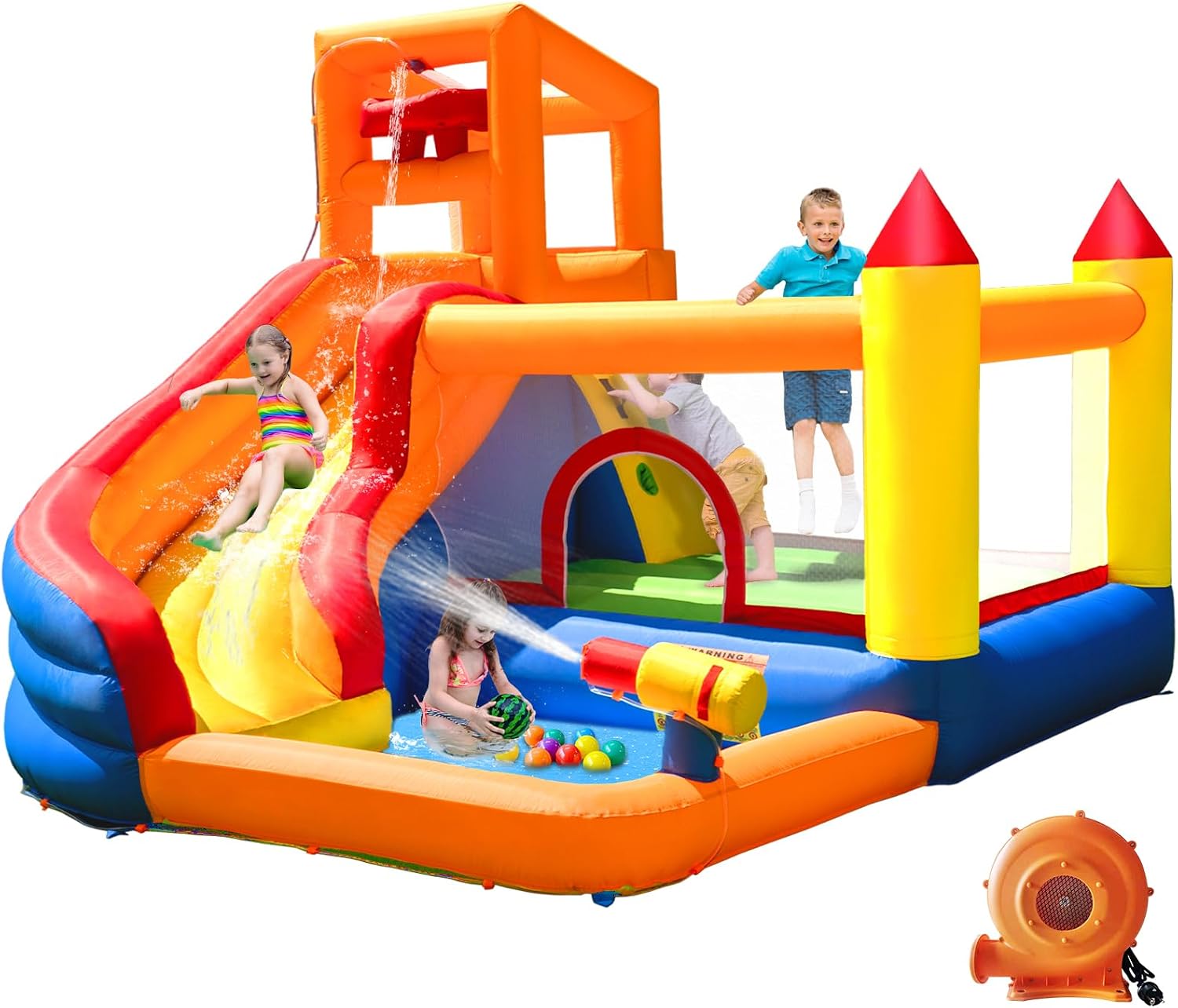 Kids Outdoor House With Slide - HuaKastro สไลเดอร์น้ำเป่าลมพร้อมบ้านเด้งสำหรับเด็กพร้อมสระน้ำ, ศูนย์เล่นเป่าลม 5-in-1 สำหรับใช้งานในร่ม/กลางแจ้งสำหรับปีนป่ายและสไลด์