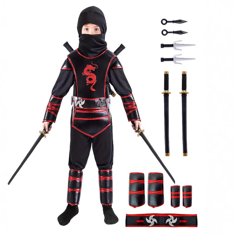 Kids Outdoor Ninja Warrior Course - เด็กซ่อนนักรบ Stealth Shinobi คอสเพลย์ชุดเด็กสีดํา Dragon ฮาโลวีนชุดแฟนซี