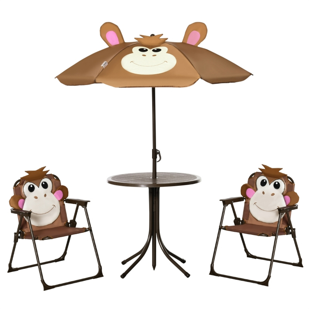 Kids Outdoor Dining Set - ชุดโต๊ะเก้าอี้สำหรับเด็ก ลายลิงน่ารัก พร้อมร่มกันแดดลายการ์ตูนแบบถอดได้ เฟอร์นิเจอร์เด็กแบบพับได้ พกพาสะดวกสำหรับใช้งานกลางแจ้ง โต๊ะโลหะทรงกลมพร้อมเก้าอี้พับ