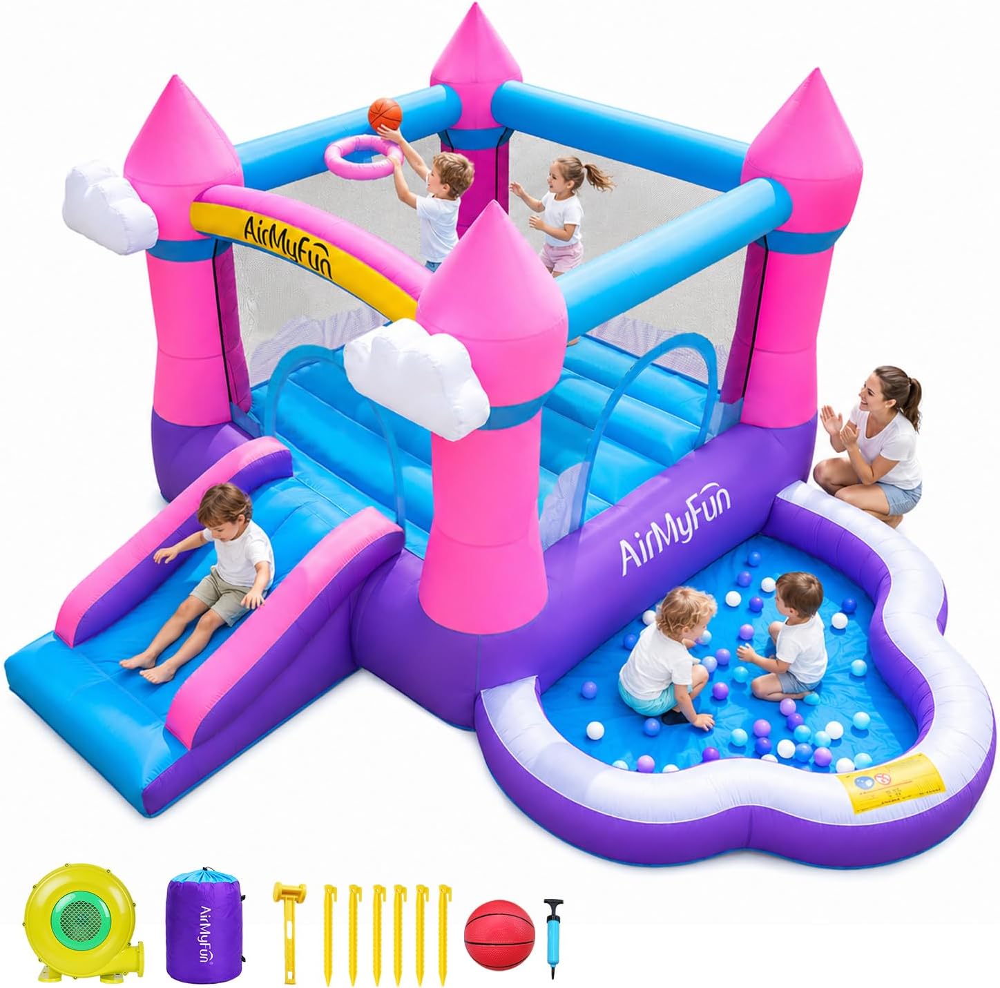Kids Outdoor House With Slide - บ้านลมสีชมพูสำหรับเด็กอายุ 3-8 ปี ใช้ได้ทั้งในร่มและกลางแจ้ง - บ้านลมพร้อมสไลเดอร์,