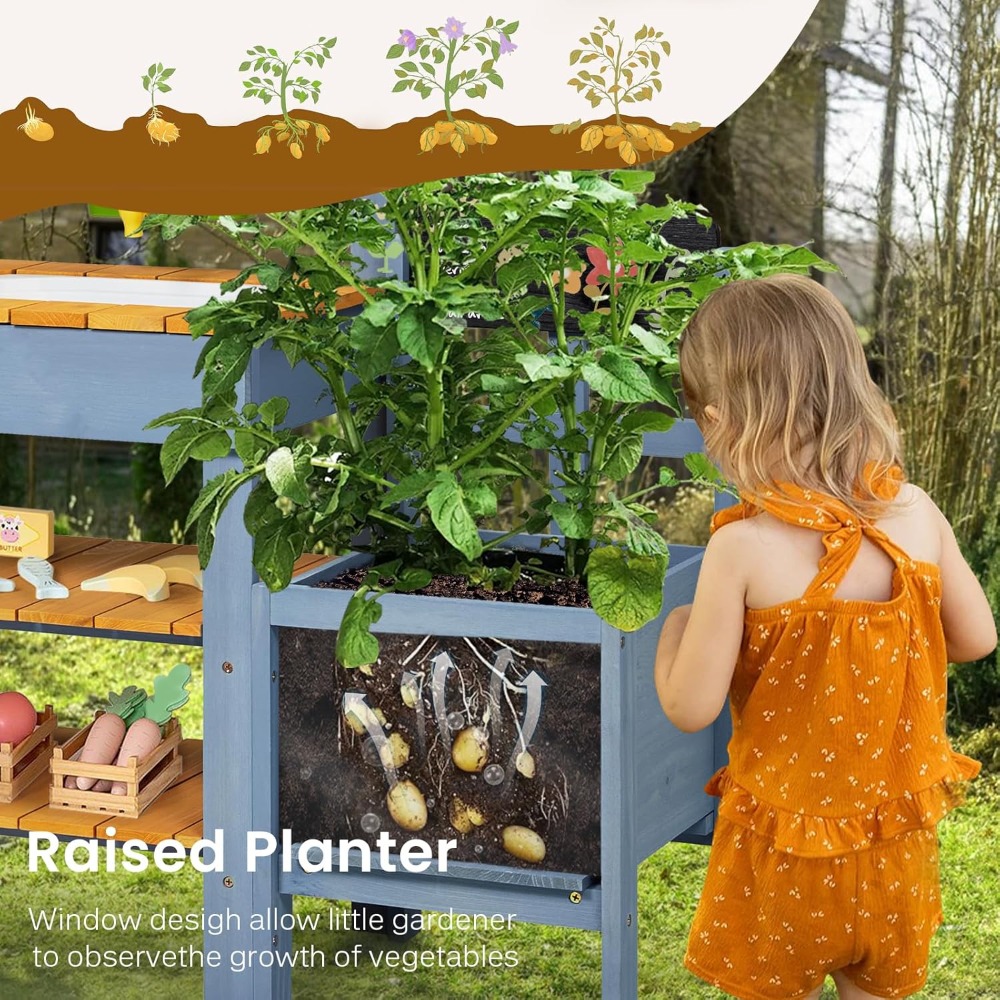 Kids Outdoor Sink - ชุดครัวโคลนสำหรับเด็กเล่นกลางแจ้ง พร้อมกระถางปลูกต้นไม้ อุปกรณ์ทำสวน ชุดของเล่นเสริมสร้างจินตนาการ อ่างล้างจานและก๊อกน้ำแบบถอดได้ จัดส่งจากสหรัฐอเมริกา