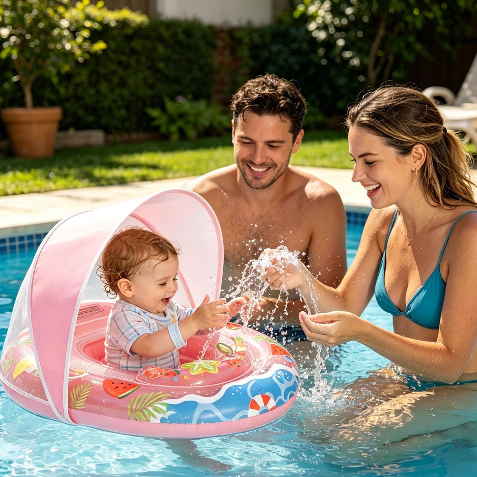 Kids Outdoor Youtube - ห่วงยางว่ายน้ำแบบเป่าลมพร้อมหลังคาป้องกันการพลิกคว่ำ สำหรับเด็ก ใช้ในสระว่ายน้ำ ชายหาด ปาร์ตี้ฤดูร้อน ทะเลสาบ
