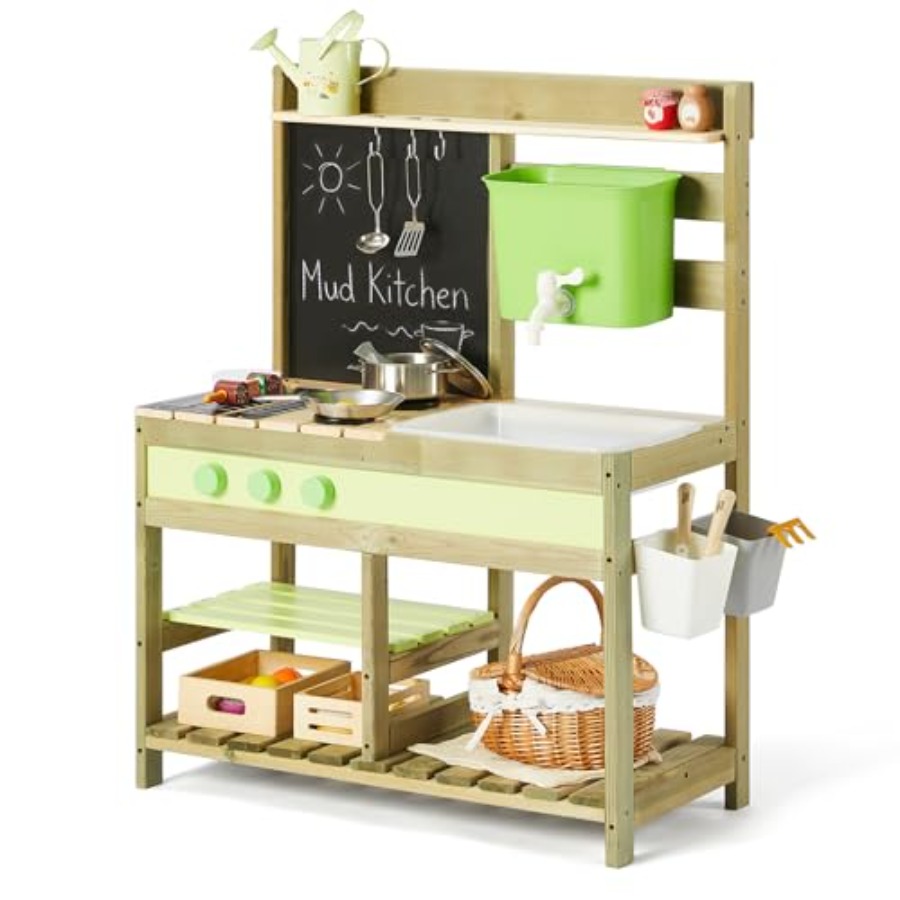 Kids Outdoor Sink - ชุดครัวโคลนกลางแจ้งสำหรับเด็ก: ชุดของเล่นไม้พร้อมอ่างน้ำขนาด 4.8 ลิตร ของเล่นโต๊ะทรายและน้ำ สีไม้ธรรมชาติ