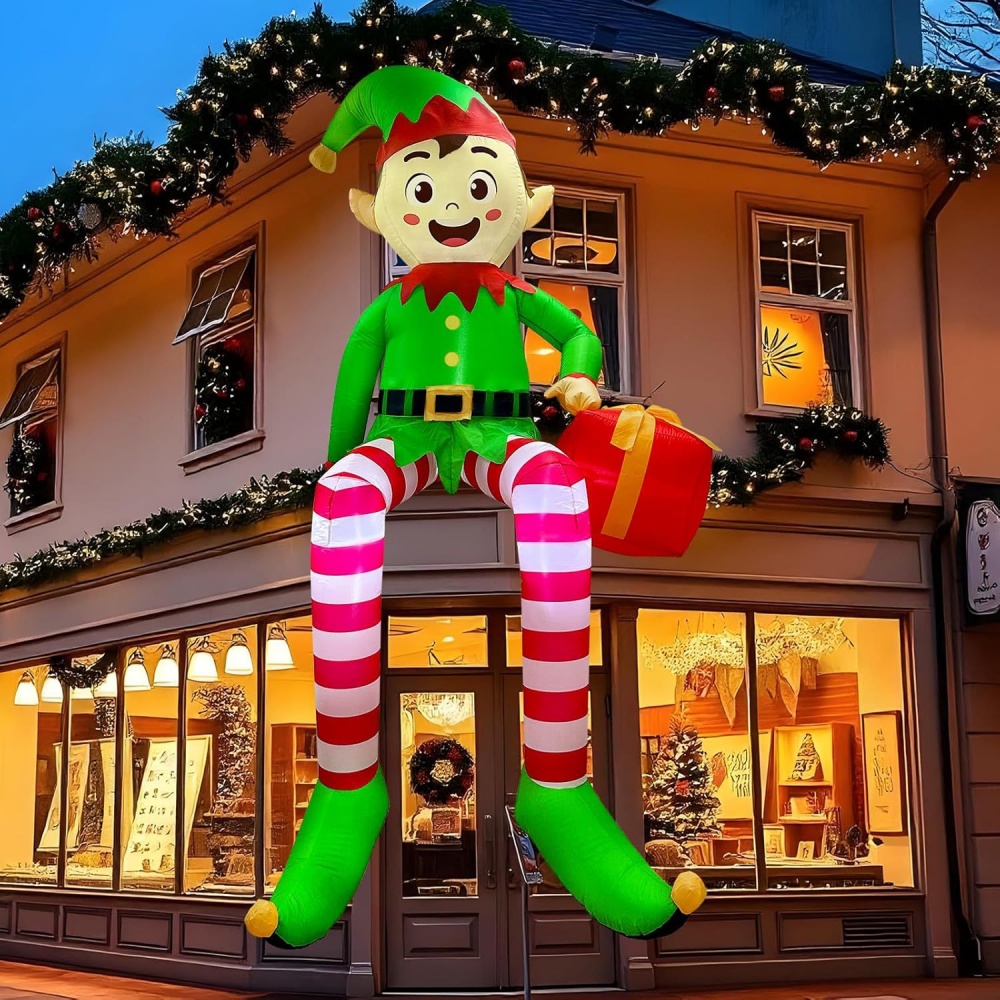 Kids Outdoor Gifts - 8FT คริสต์มาสเป่าลมนั่งเอลฟ์ตกแต่งไฟ LED เด็กคริสต์มาสของเล่นพองกลางแจ้งคอร์ทยาร์ดตกแต่งสวนของขวัญ