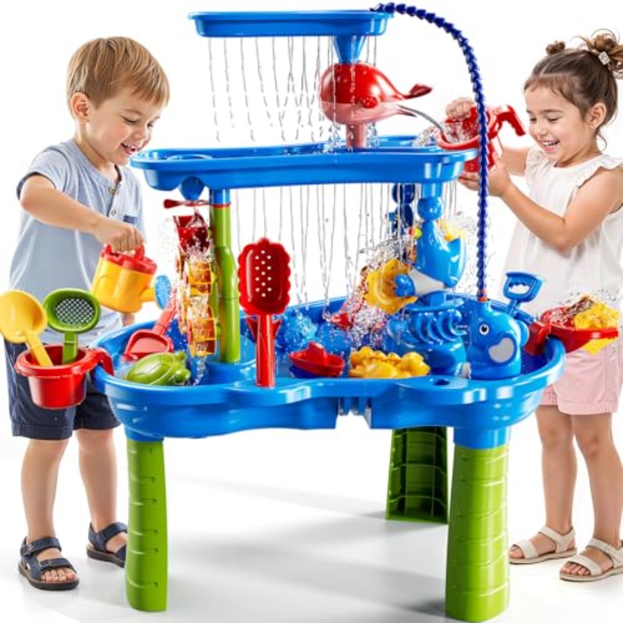 Kids Outdoor Sensory Table - โต๊ะน้ำกลางแจ้งสำหรับเด็กอายุ 4-8 ปี ทำจากพลาสติก สีฟ้า พร้อมปั๊มน้ำที่ใช้งานได้จริง