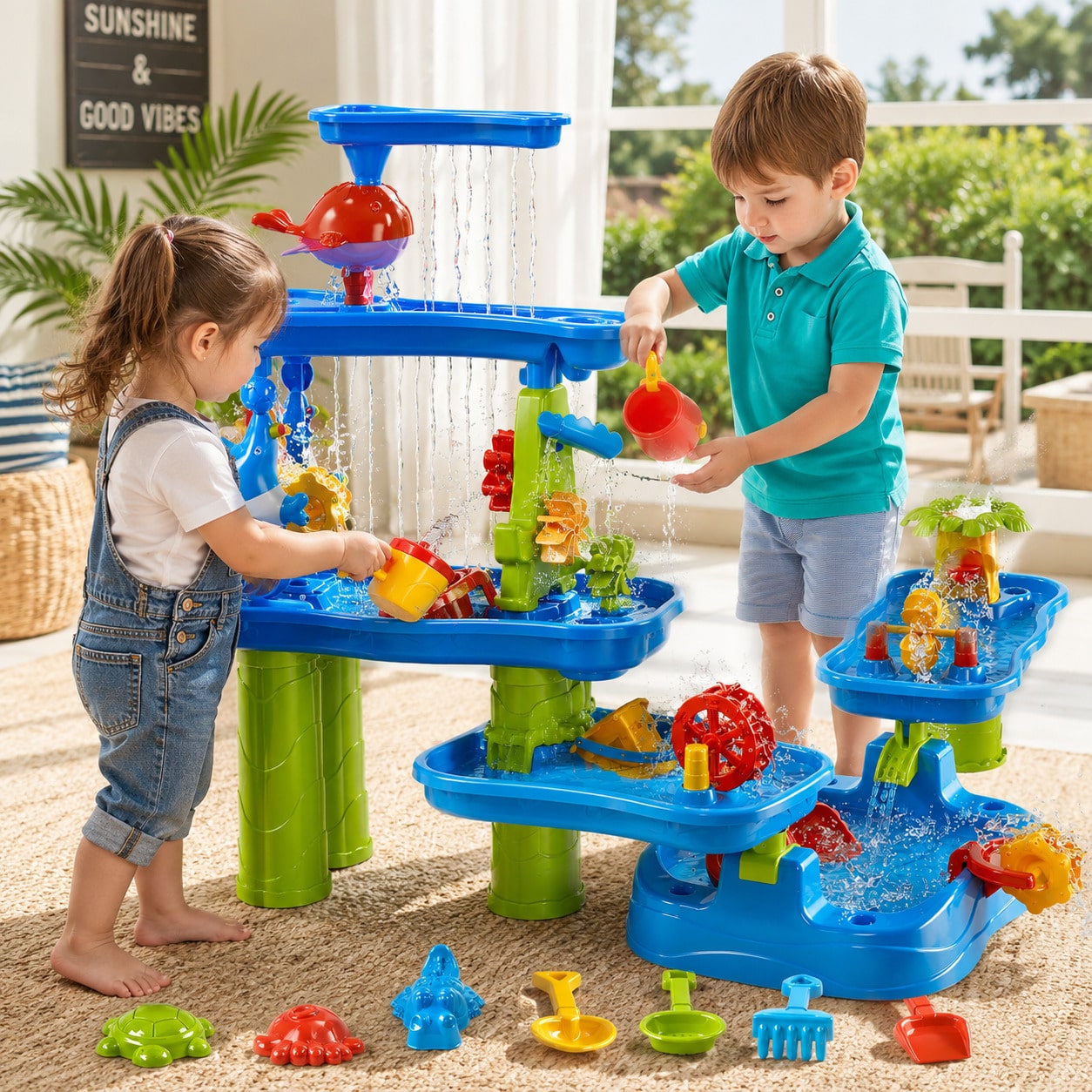 Kids Outdoor Sensory Table - โต๊ะน้ำ 5 ชั้นสำหรับเด็ก, โต๊ะน้ำสำหรับเด็กพร้อมของเล่นชายหาดทราย, โต๊ะสัมผัสสัมผัสของน้ำและทรายสำหรับเล่นกลางแจ้ง, ของขวัญวันเกิดสำหรับเด็กชายและเด็กหญิงอายุ
