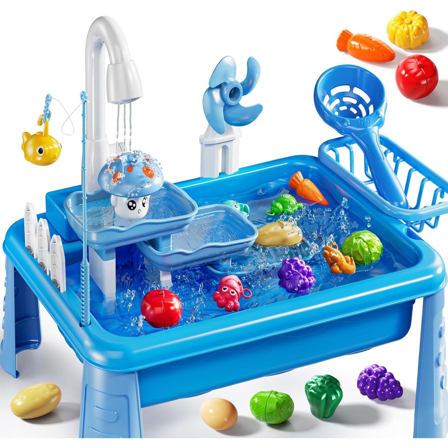 Kids Outdoor Sink - โต๊ะเล่นน้ำสำหรับเด็ก พร้อมอ่างล้างจาน ของเล่นครัวกลางแจ้ง น้ำไหลได้ เกมตกปลา ของเล่นน้ำสำหรับเด็กเล็ก
