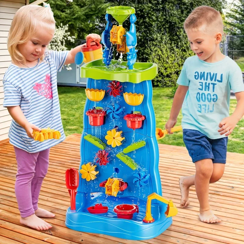 Kids Outdoor Sensory Table - น้ําตก Discovery Wall เด็กสองด้านน้ําตกน้ําตารางทรายกิจกรรม Sensory ตารางฤดูร้อนของเล่นกลางแจ้งสําหรับเด็กวัยหัดเดิน