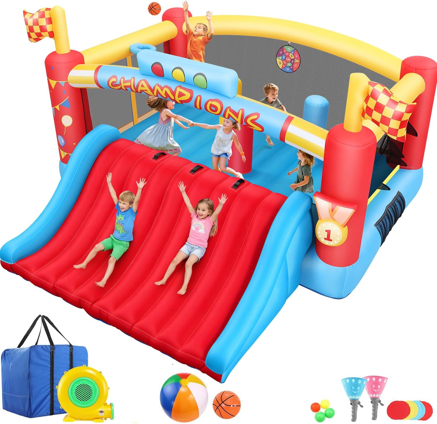 Kids Outdoor Games - บ้านลมขนาดใหญ่สำหรับเด็กโต, บ้านลมกลางแจ้งขนาด 13 ฟุตพร้อมเครื่องเป่าลม, ห่วงบาสเก็ตบอลคู่, เกมโยนลูกบอล