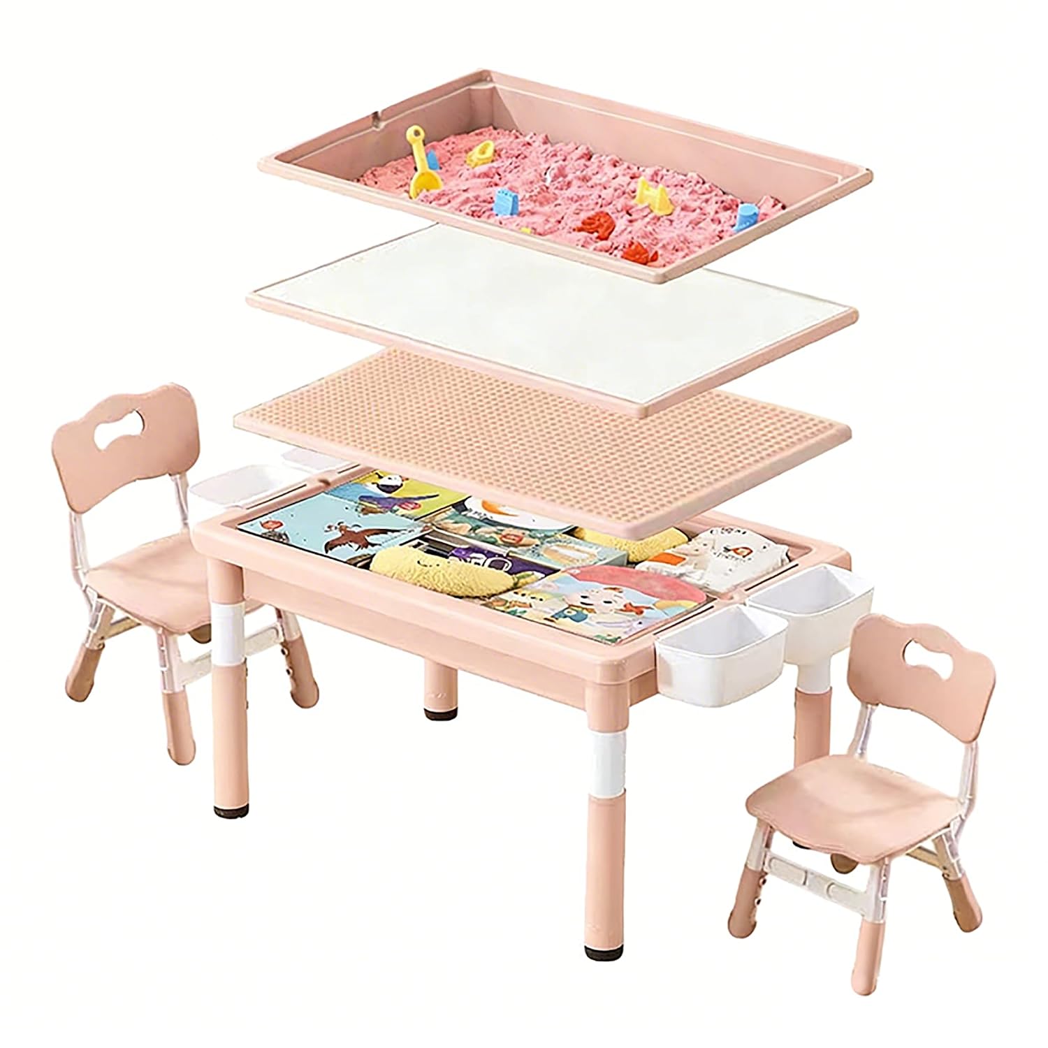 Kids Outdoor Sensory Table - โต๊ะกิจกรรมสำหรับเด็กพร้อมที่เก็บของ, โต๊ะเล่นทรายและน้ำสำหรับกิจกรรมในร่มและกลางแจ้ง, ของเล่นบล็อกวาดภาพ, สีขาวและชมพู, ปรับแต่งได้