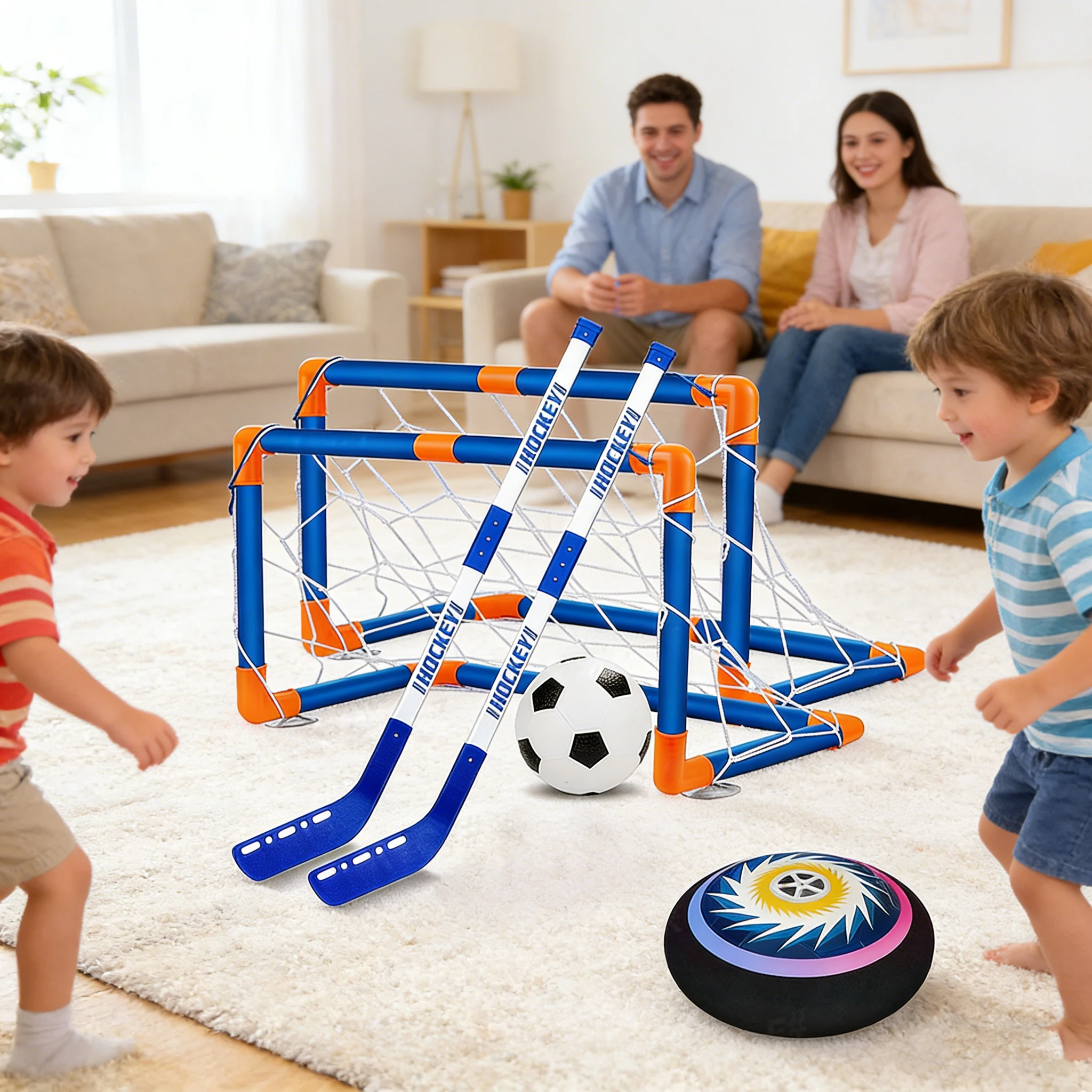 Kids Outdoor Hockey Set - ชุดแอร์ฮอกกี้สำหรับเด็ก ลูกฟุตบอลลอยได้พร้อมไฟ LED ประตูฟุตบอล ของเล่นสนุกๆ สำหรับเล่นในร่มและกลางแจ้งในสวน