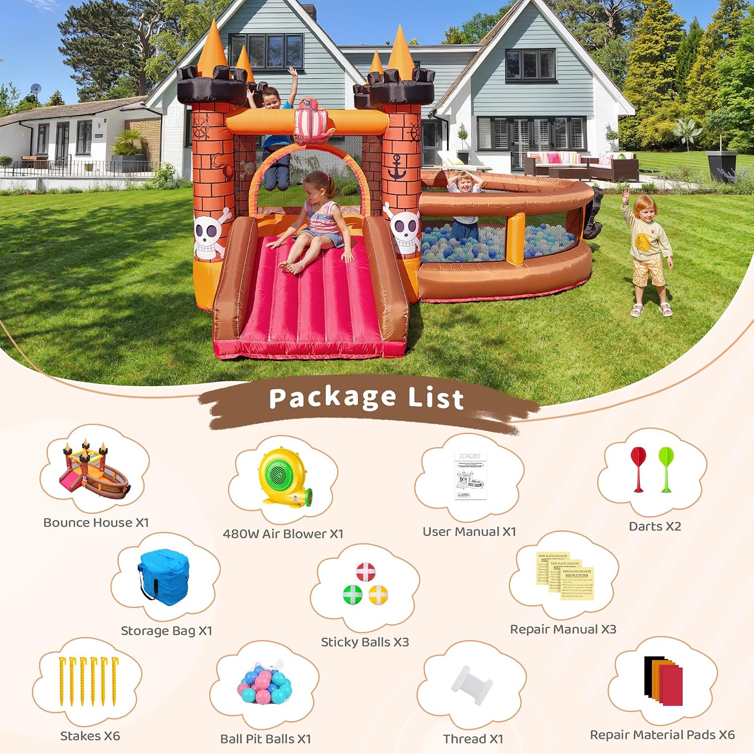 บ้านลมเป่าลมสำหรับเด็กอายุ 3-8 - Kids Outdoor House With Slide บทวิจารณ์และราคา