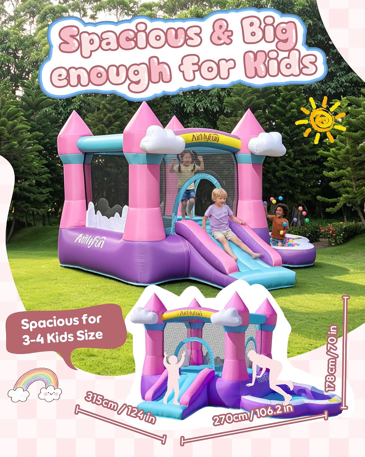 บ้านลมสีชมพูสำหรับเด็กอายุ 3-8 - Kids Outdoor House With Slide บทวิจารณ์และราคา