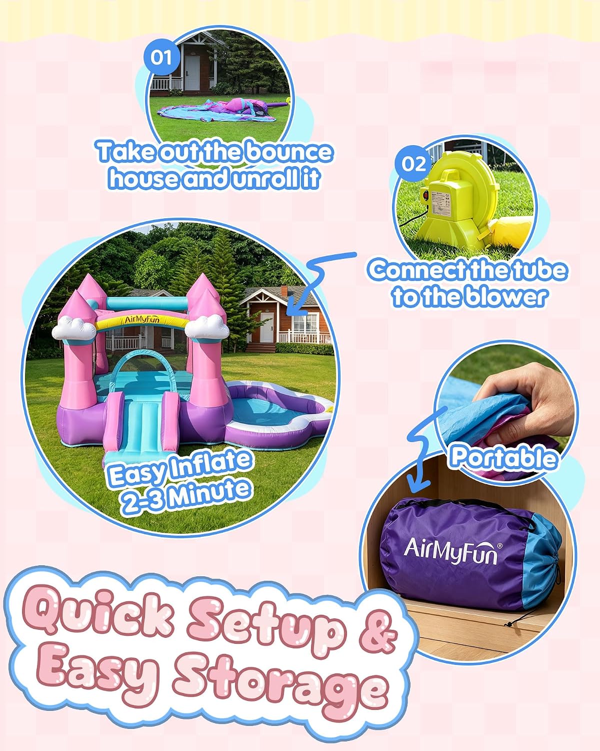 บ้านลมสีชมพูสำหรับเด็กอายุ 3-8 - Kids Outdoor House With Slide บทวิจารณ์และราคา