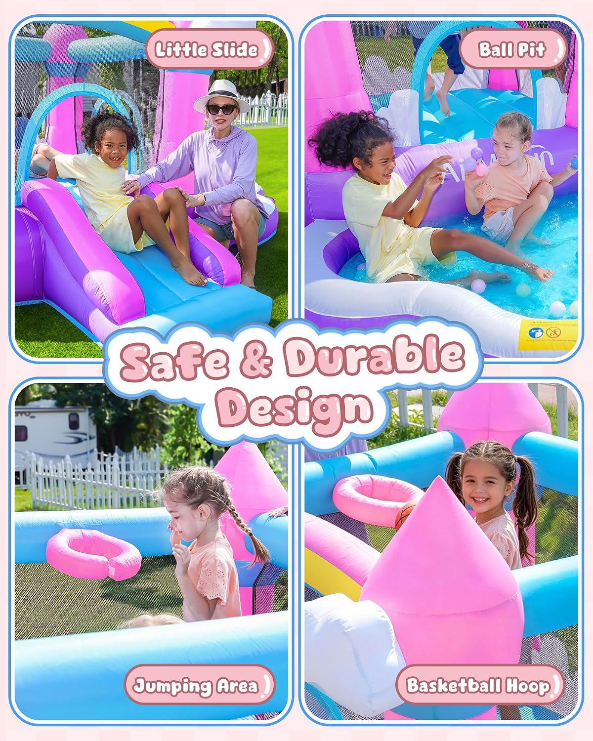 บ้านลมสีชมพูสำหรับเด็กอายุ 3-8 - Kids Outdoor House With Slide บทวิจารณ์และราคา
